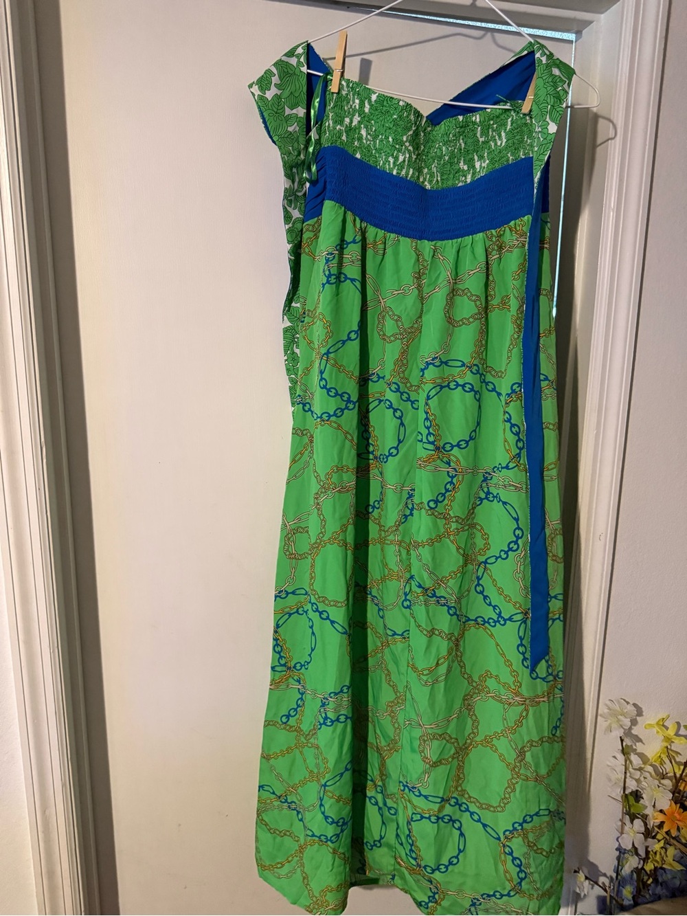 New York & Company Green and Blue Chain-Print Maxi Dress